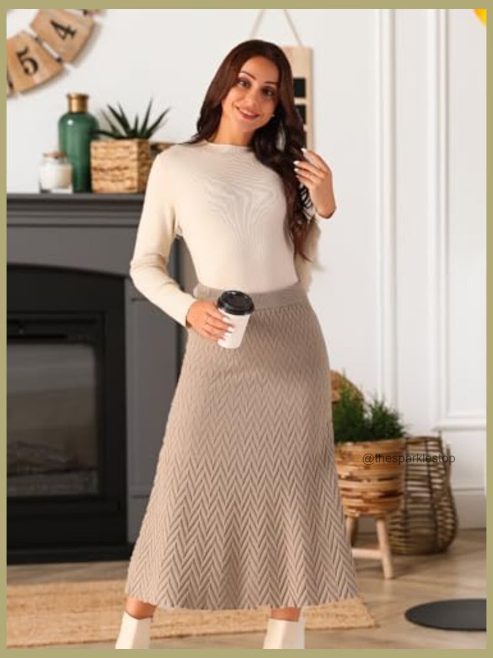 Ribbed Knit A-Line Midi Skirt High Waist Stretchy Sweater Skirt - Picture 5 of 7